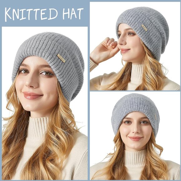 Womens Warm Knit Beanie Hat Thick Cotton Lined Slouchy Skull Cap for Fall Winter - Picture 4 of 7